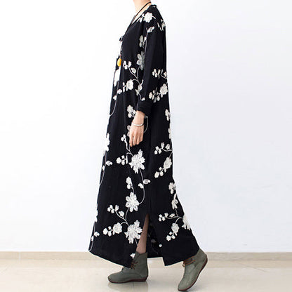 Black Embroidered Cotton Dresses Fall Caftans Long Cotton Maxi Dresses