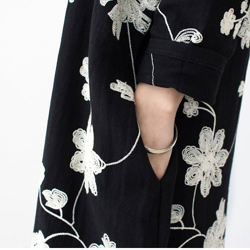 Black Embroidered Cotton Dresses Fall Caftans Long Cotton Maxi Dresses
