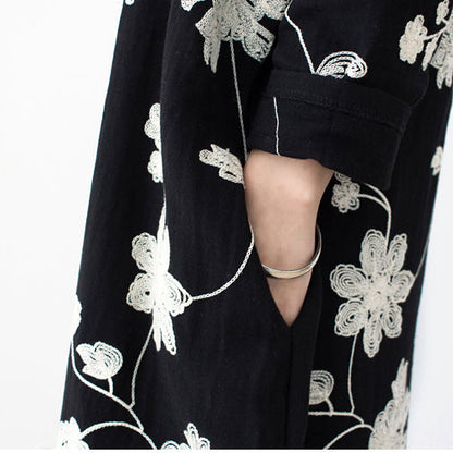 Black Embroidered Cotton Dresses Fall Caftans Long Cotton Maxi Dresses