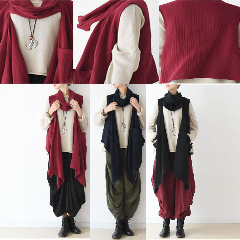 Black Scarf Vest Linen Clothing Fall Winter Outfits
