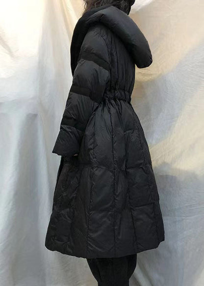 Black Hooded Tie Waist Winter Duck Down Coats