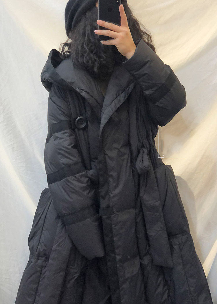 Black Hooded Tie Waist Winter Duck Down Coats