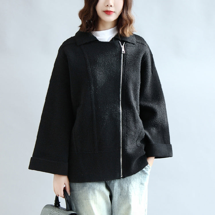 Black Woolen Cape Coats Oversized Zippered Short Jackets