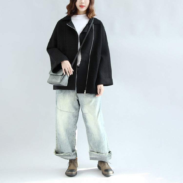 Black Woolen Cape Coats Oversized Zippered Short Jackets