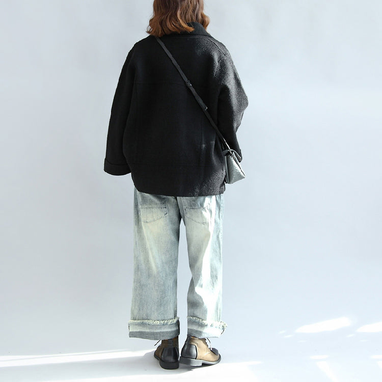 Black Woolen Cape Coats Oversized Zippered Short Jackets