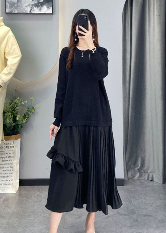Black Wrinkled Patchwork Knit Vacation Dresses Winter