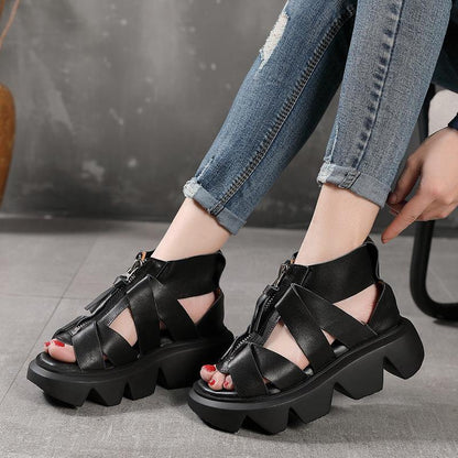 Black Zippered Flat Platform Walking Sandals