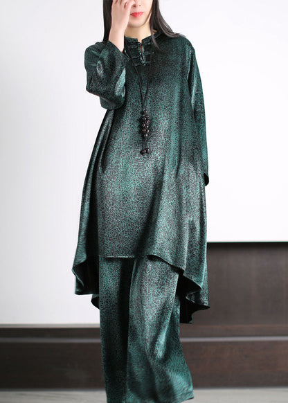 Blackish Green Patchwork Tops and Pants Silk Two Pieces Set Long Sleeve