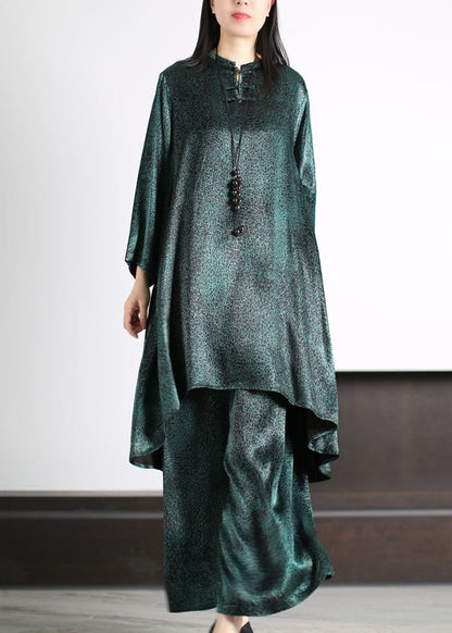 Blackish Green Patchwork Tops and Pants Silk Two Pieces Set Long Sleeve