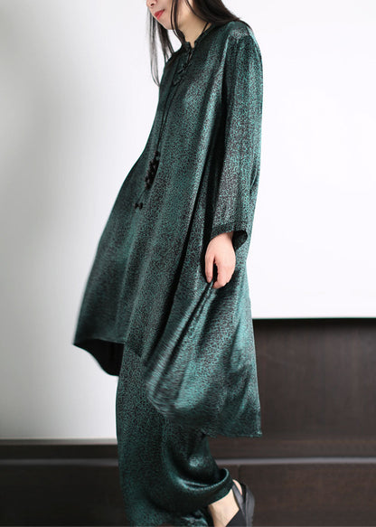 Blackish Green Patchwork Tops and Pants Silk Two Pieces Set Long Sleeve