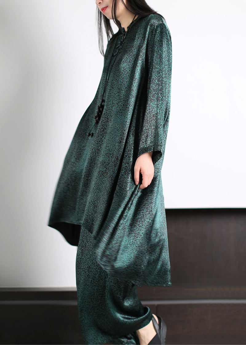 Blackish Green Patchwork Tops and Pants Silk Two Pieces Set Long Sleeve