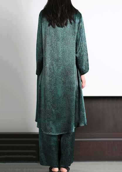 Blackish Green Patchwork Tops and Pants Silk Two Pieces Set Long Sleeve