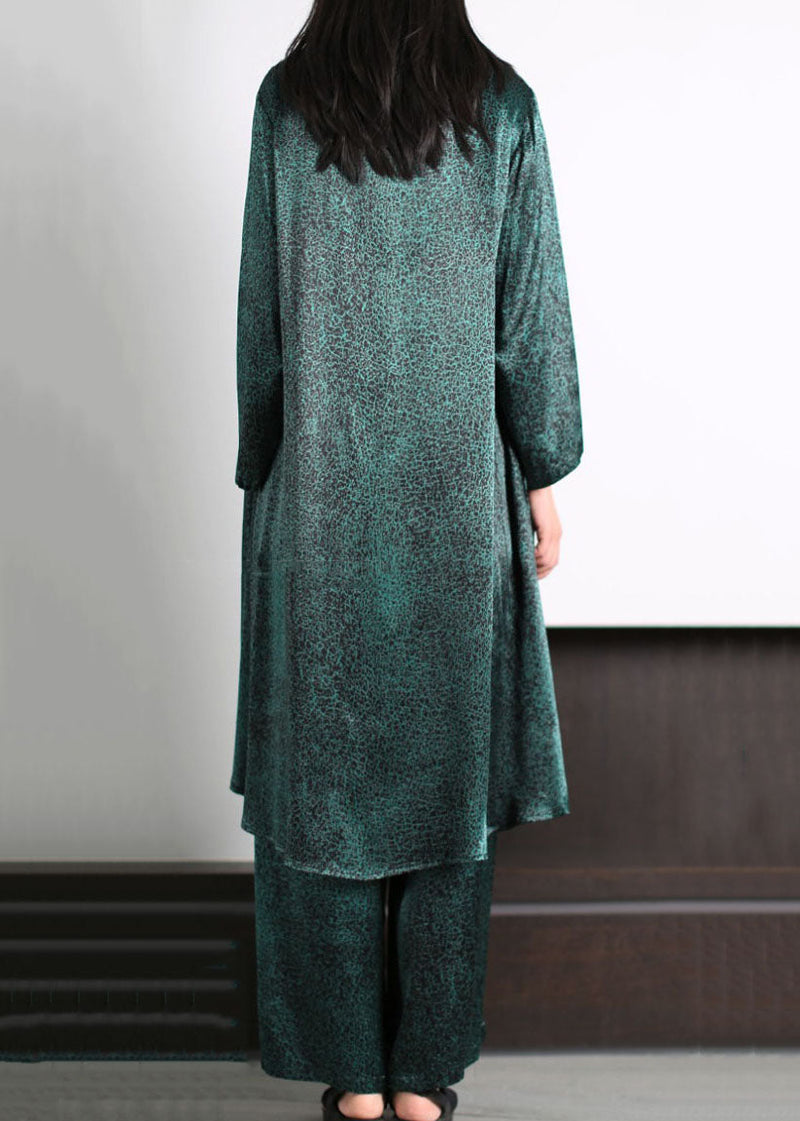 Blackish Green Patchwork Tops and Pants Silk Two Pieces Set Long Sleeve