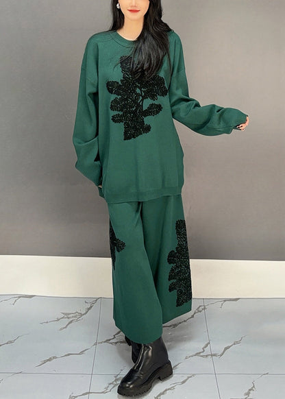 Blackish Green Sweatshirt and Wide Leg Pants Cotton Two Piece Set Embroidered Spring