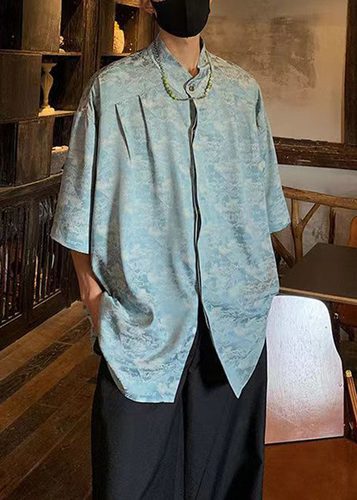 Blue Button Ice Silk Shirts Stand Collar Half Sleeve