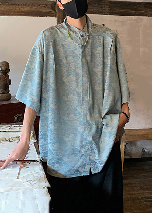 Blue Button Ice Silk Shirts Stand Collar Half Sleeve