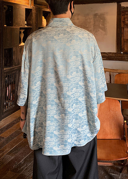 Blue Button Ice Silk Shirts Stand Collar Half Sleeve