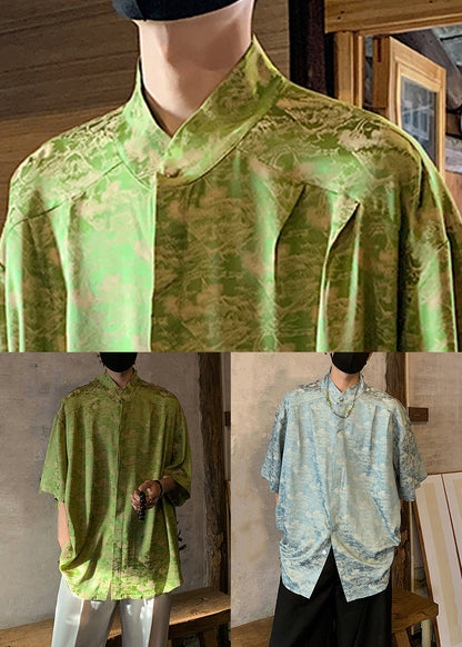 Blue Button Ice Silk Shirts Stand Collar Half Sleeve
