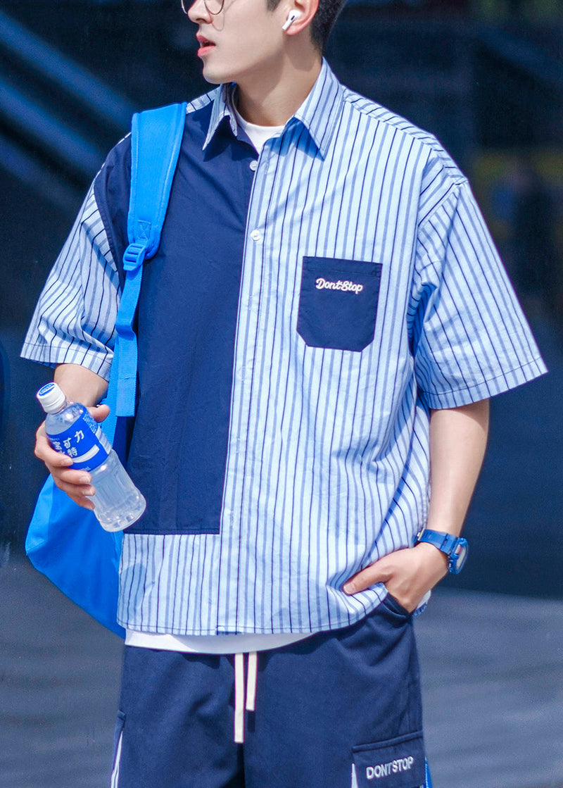 Blue Button Pockets Cotton Shirts Asymmetrical Summer