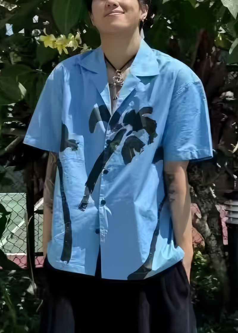 Blue Button Print Cotton Shirts Peter Pan Collar Summer