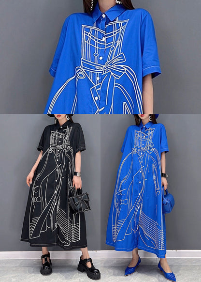 Blue Character Print Cotton Linen a Line Dress Oversized Short Sleeve