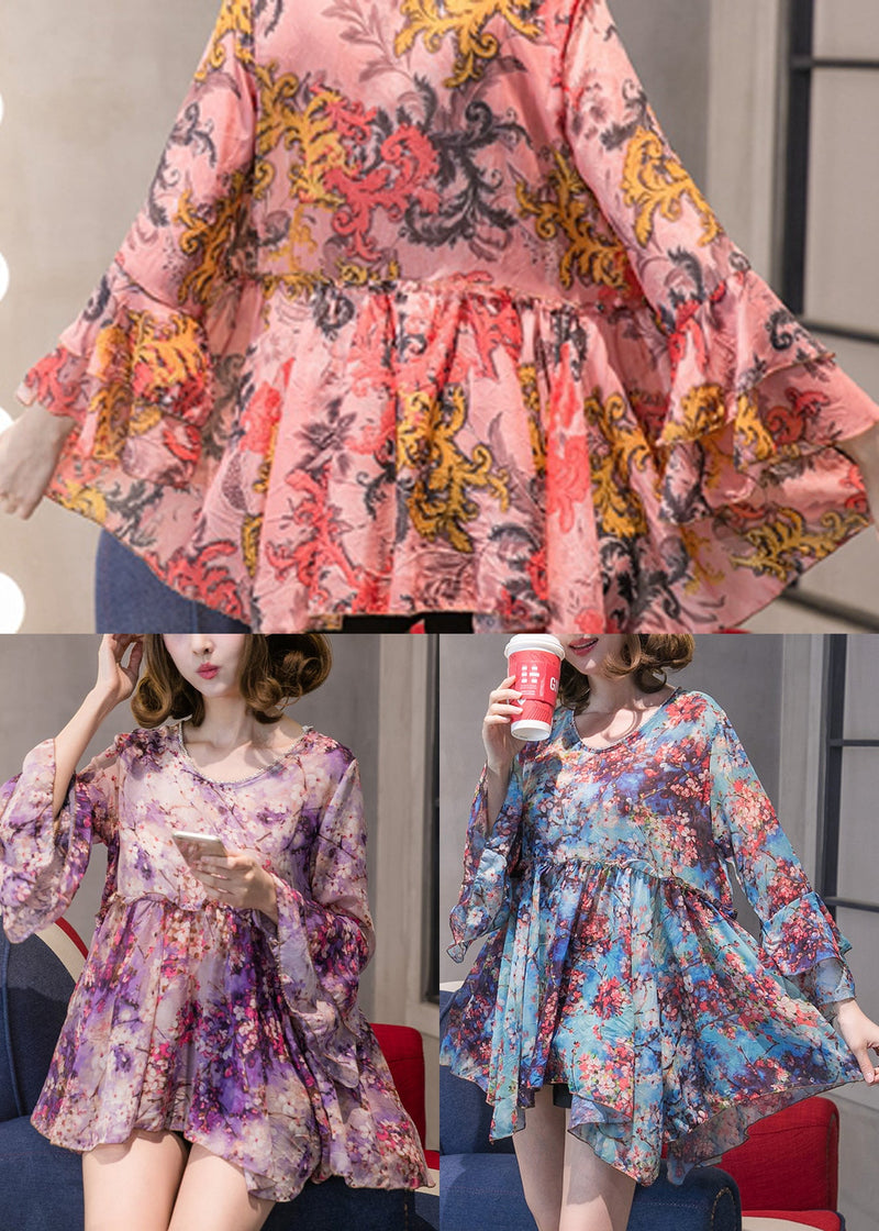 Blue Chiffon Shirt Tops Asymmetrical Design Flare Sleeve