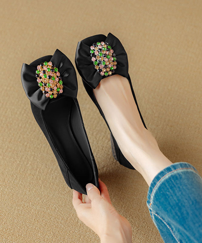 Blue Chunky Heel Shoes Suede Splicing Bow Zircon