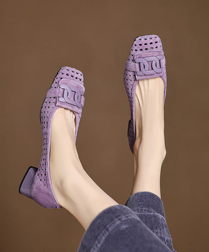 Blue Chunky Heels Suede Hollow Out Splicing