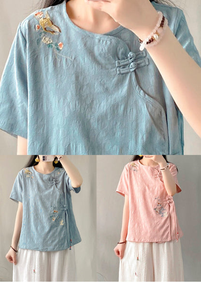 Blue Embroideried Button Patchwork Linen Top O-neck Short Sleeve