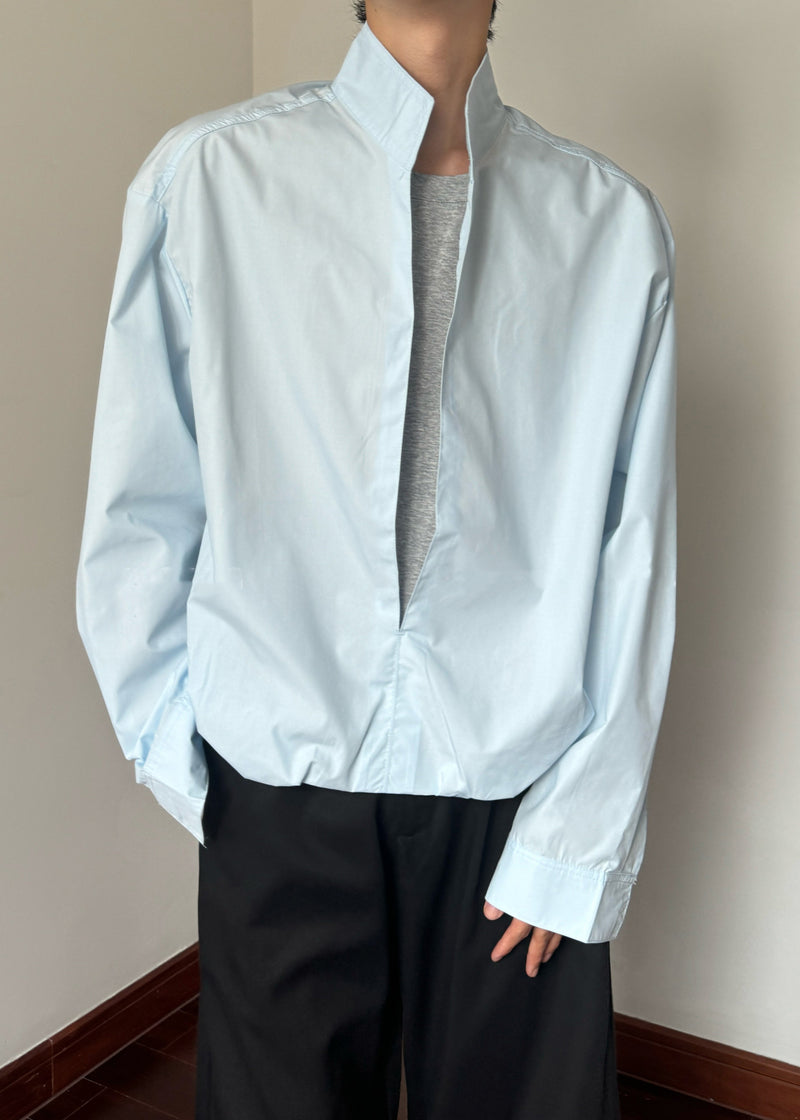 Blue False Two Pieces Cotton Fall Shirts Stand Collar