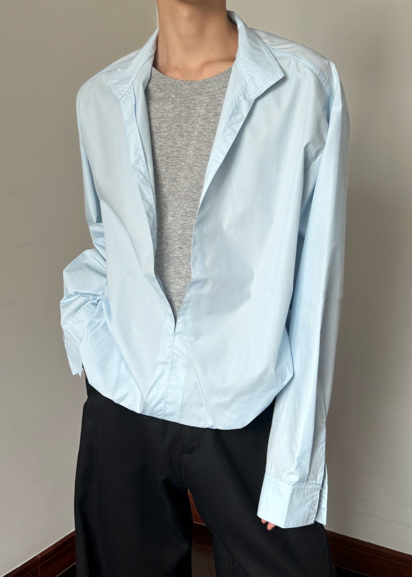 Blue False Two Pieces Cotton Fall Mens Shirts Stand Collar