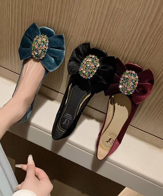 Blue Flat Feet Shoes Velour Splicing Bow Zircon