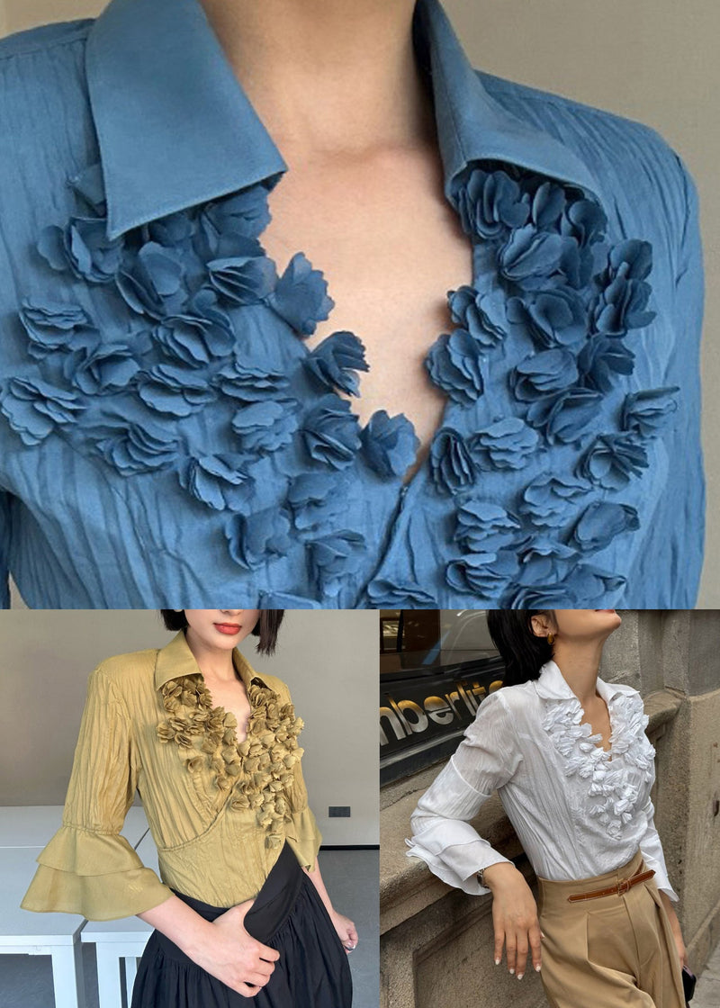 Blue Cotton Shirt Top Peter Pan Collar Flare Sleeve
