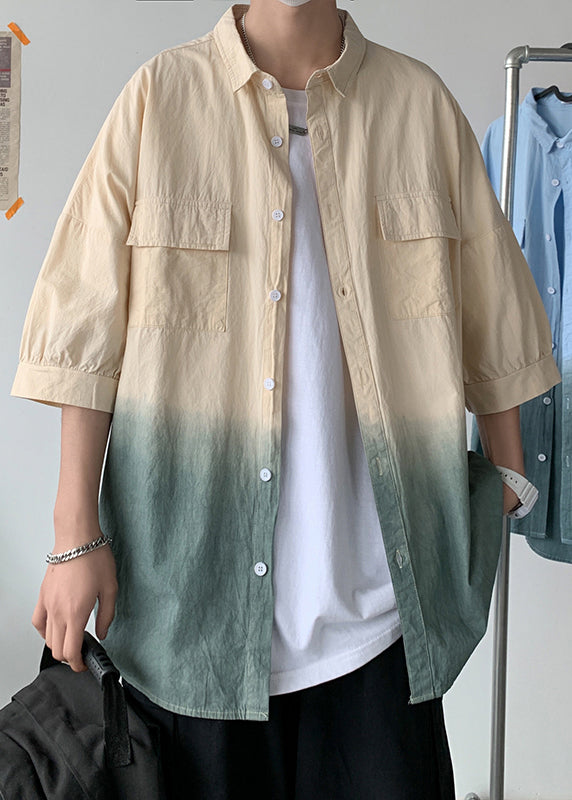 Blue Gradient Color Button Cotton Shirts Peter Pan Collar Summer