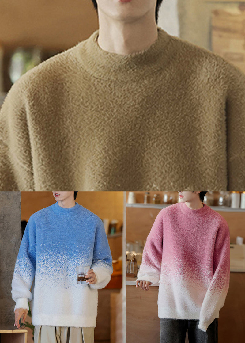 Blue Gradient Color Thick Knit Winter Sweater O Neck