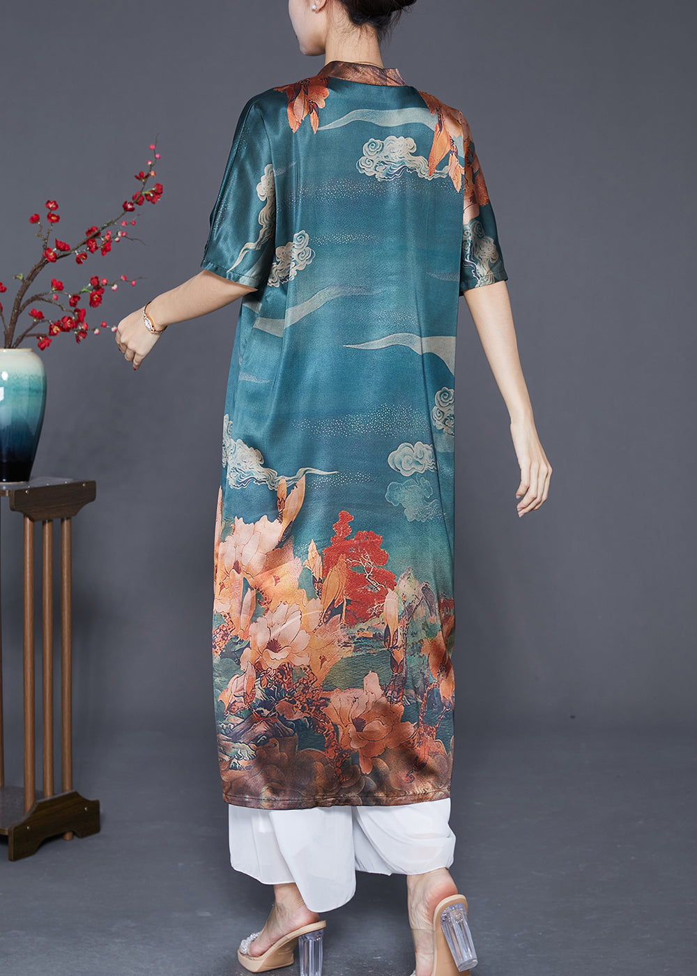 Blue Grey Print Silk Maxi Dress Nail Bead Summer