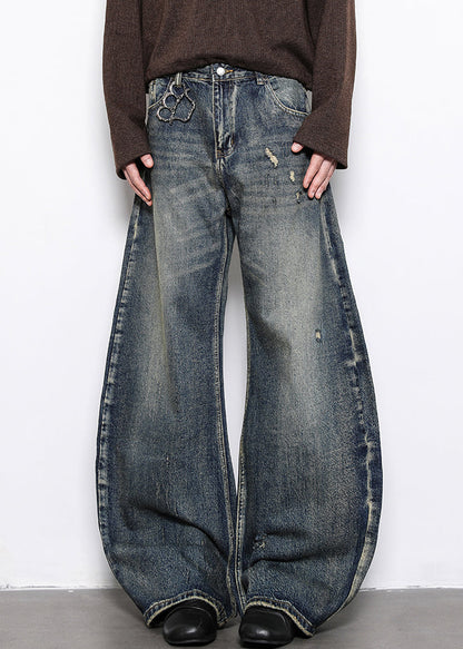 Blue Hole Pockets Denim Wide Leg Pants High Waist