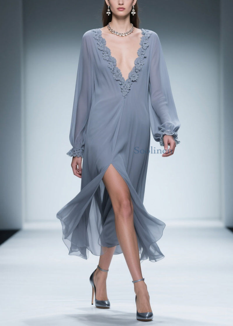 Blue Lace Side Open Chiffon Dress V Neck Butterfly Sleeve