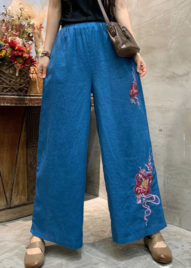 Blue Loose Linen Wide Leg Pants Elastic Waist Summer