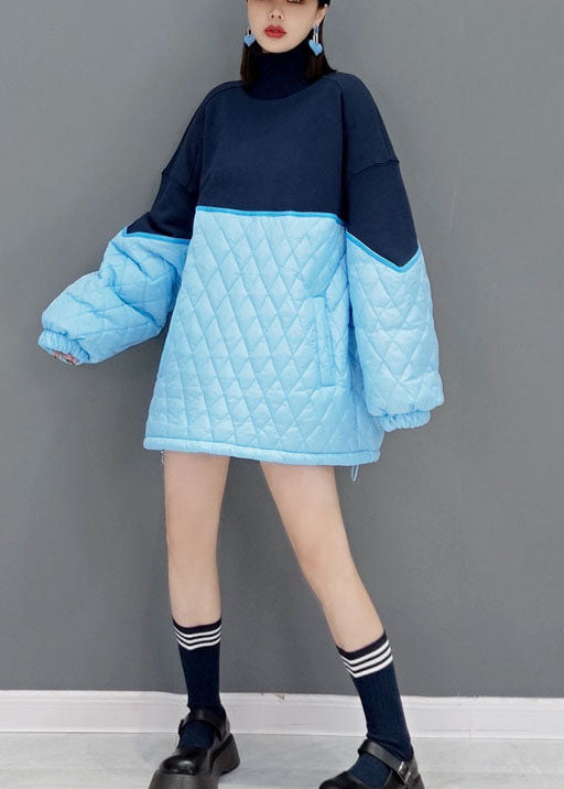 Blue Loose Knit Patchwork Fine Cotton Filled Dresses Spring