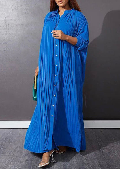 Blue O-neck Button Vacation Maxi Dresses Long Sleeve