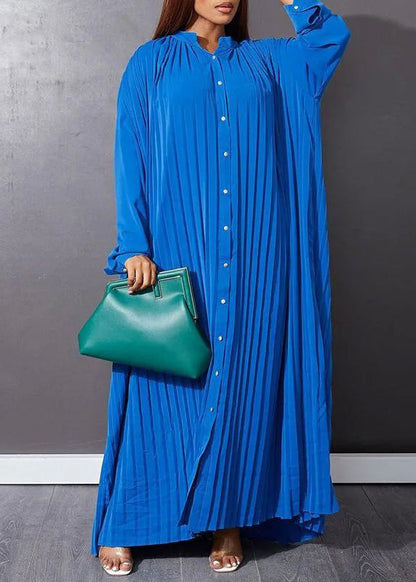 Blue O-neck Button Vacation Maxi Dresses Long Sleeve