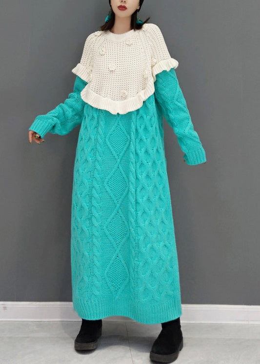 Blue O-neck Patchwork Cozy Knit Sweater Dress Winter