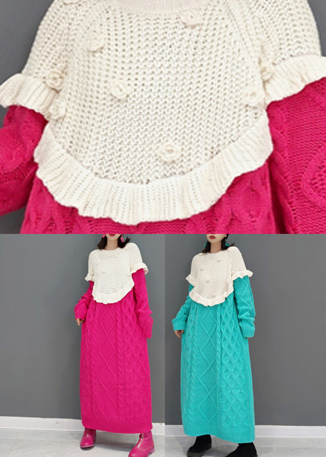 Blue O-neck Patchwork Cozy Knit Sweater Dress Winter
