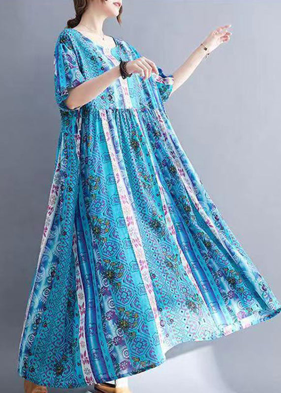 Blue O-neck Patchwork Maxi Dresses Summer
