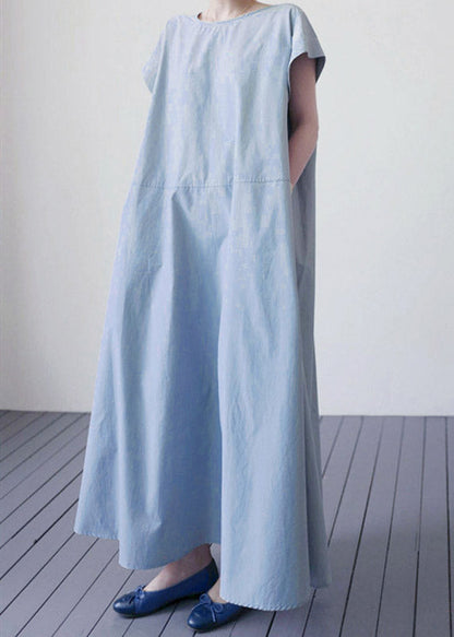 Blue O-neck Patchwork Maxi Dress Short Sleeve