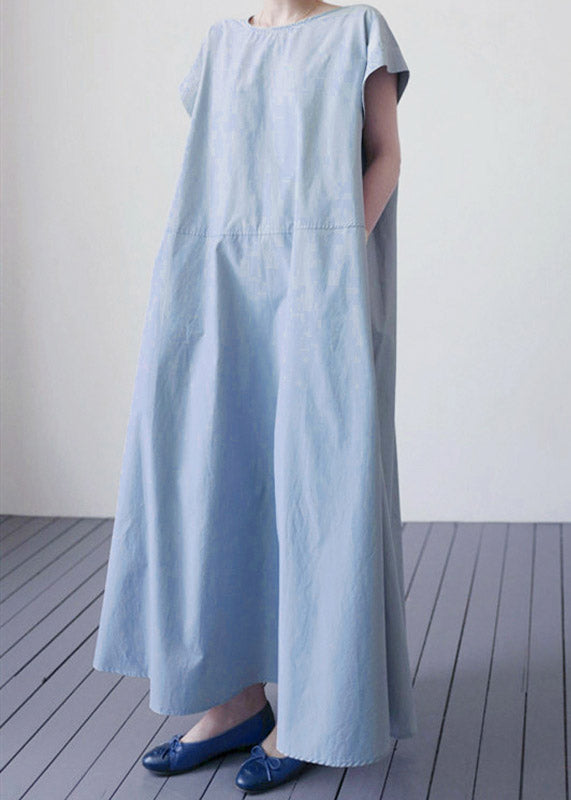 Blue O-neck Patchwork Maxi Dress Short Sleeve