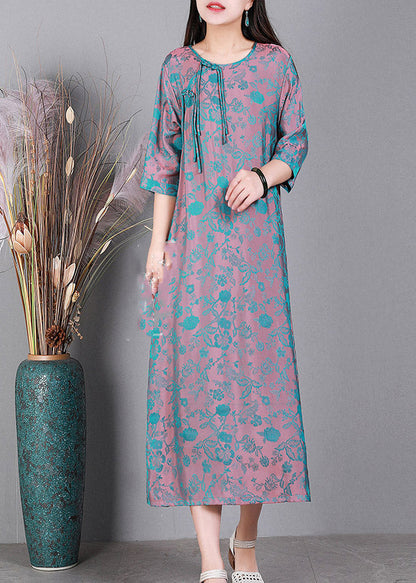 Blue O-neck Print Side Open Silk Dress Half Sleeve