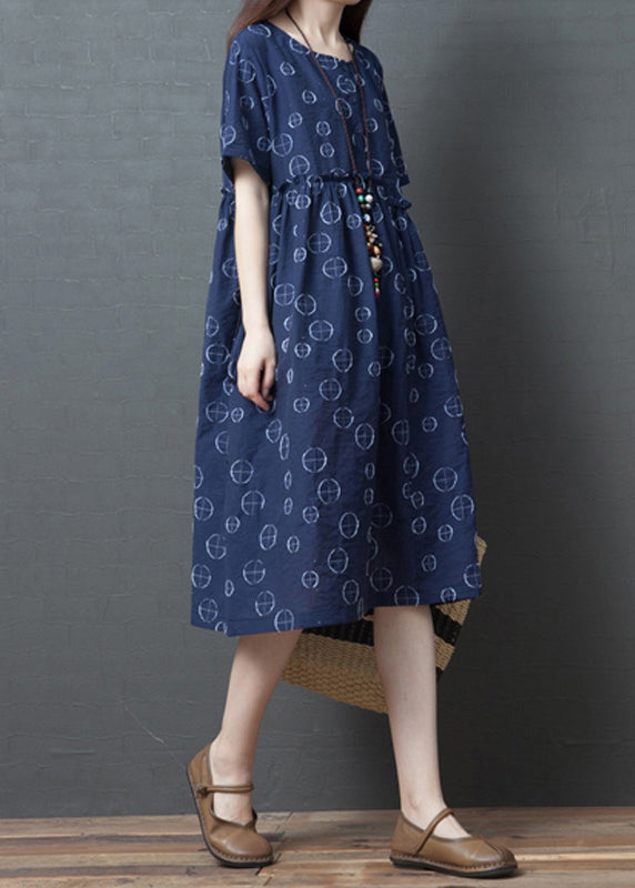 Blue O-neck Ruffled Patchwork Long Dresses Summer