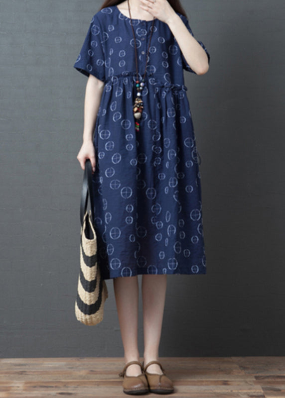 Blue O-neck Ruffled Patchwork Long Dresses Summer